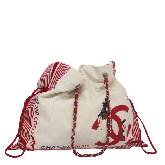 CHANEL Chain Tote Bag Nylon White Red CC Auth 106203 - Picture 1 of 16